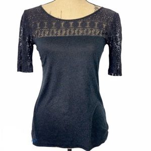 J. Crew Black Lightweight Casual Career 3/4 Sleeve Lace Detailing Tee Top XS